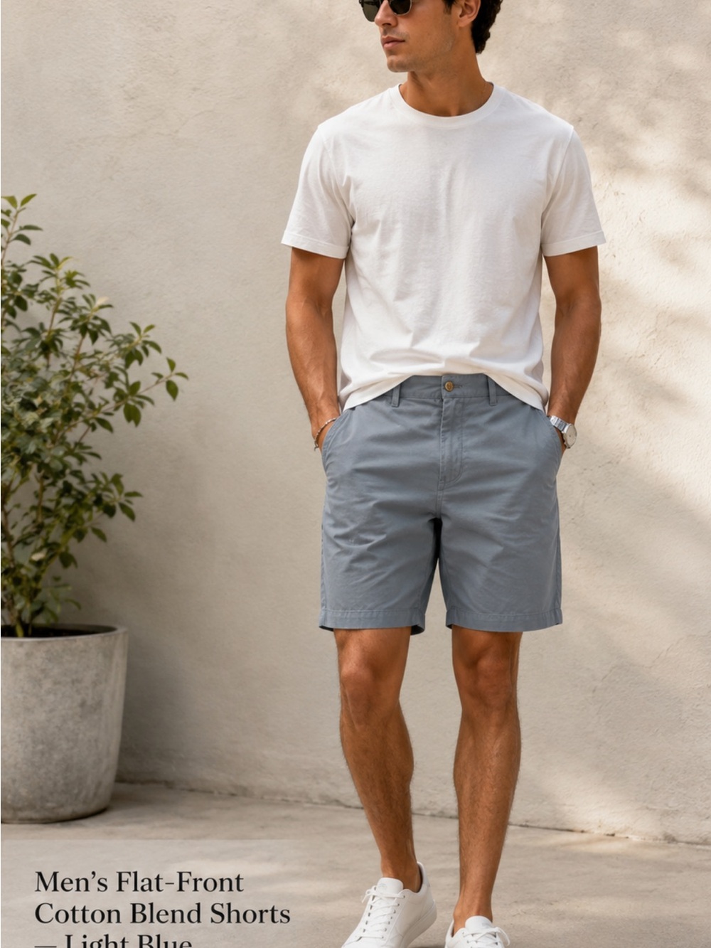 Men’s Flat-Front Cotton Blend Shorts — Light Blue.#259